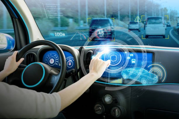 vehicle cockpit and screen, car electronics, automotive technology, autonomous car, abstract image visual