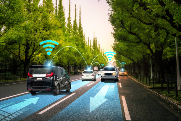 Autonomous car sensor system concept for safety of driverless mode car control . Future adaptive cruise control sensing nearby vehicle and pedestrian . Smart transportation technology .