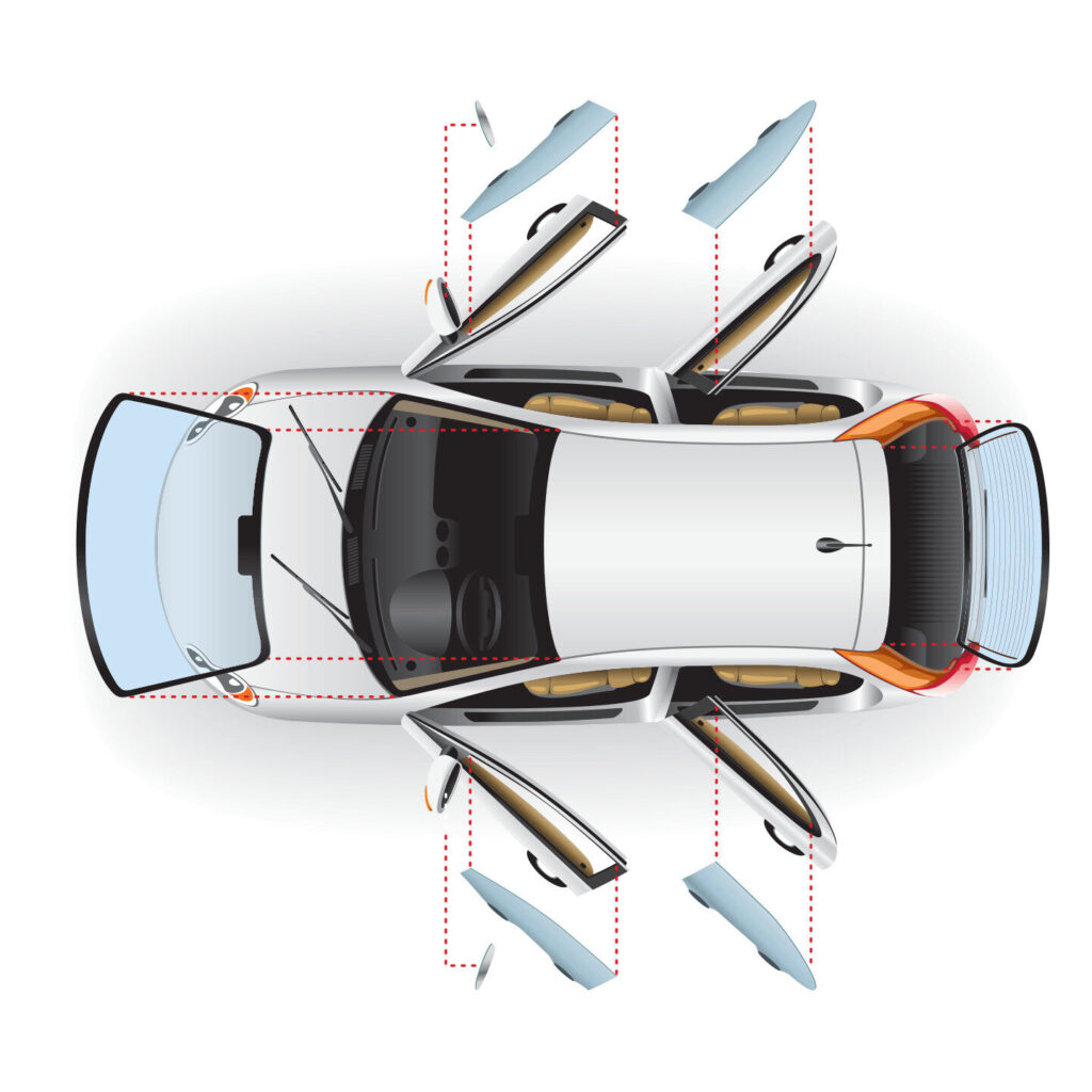 white car diagram with auto glass pulled out